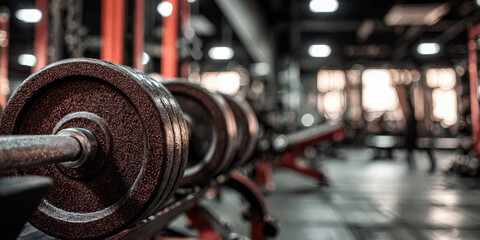 Fototapeta premium A row of dark, heavy weight plates rests on a rack in an industrial gym. Use: health club advertisement, workout app background.
