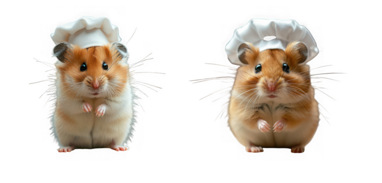 Two adorable hamsters wearing white chef hats, standing upright and looking forward, isolated on transparent background