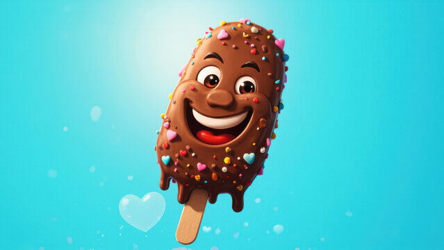 Smiling chocolate popsicle with sprinkles and heart-shaped candies on a blue background