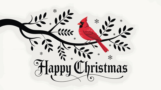 Vibrant red cardinal perched on a bare winter tree branch with delicate snowflakes and elegant happy christmas text in a striking silhouette style