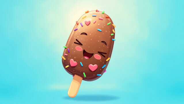 Cute cartoon ice cream popsicle with a happy face and colorful sprinkles