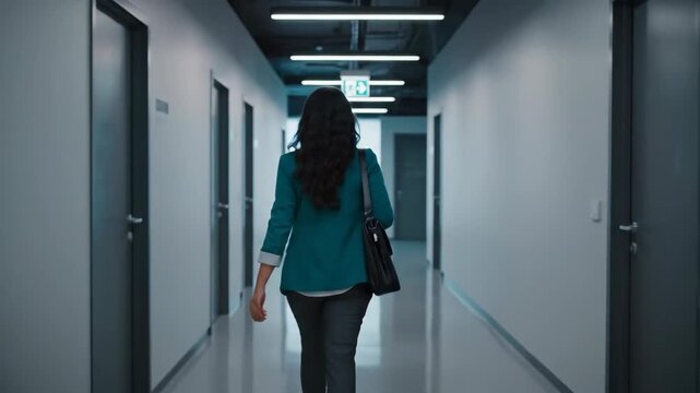Woman walking down modern office corridor from start to exit. Businesswoman in teal blazer and pants carrying black bag progressing through white hallway with doors and fluorescent lights.