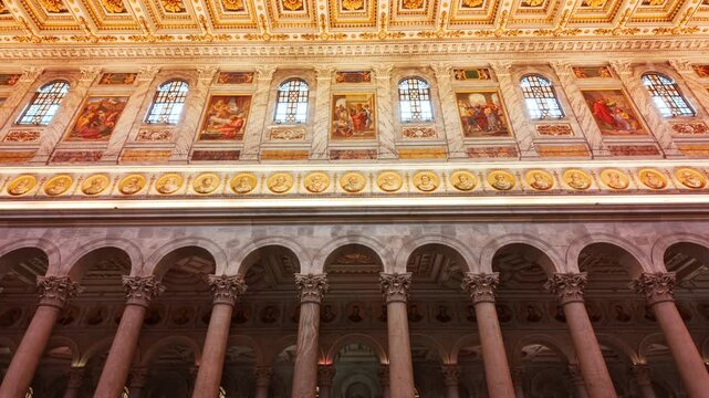 The central nave of  the Basilica of Saint Paul Outside the Walls or Basilica di San Paolo fuori le Mura in Rome, Italy