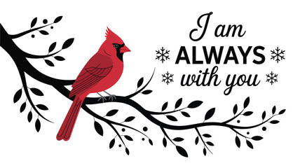 A vibrant red cardinal perched on a bare tree branch with delicate leaves against a white background a touching memorial message silhouette