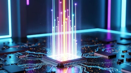 Futuristic AI processor ignites with vibrant data streams, powering digital innovation and global connectivity - Powered by Adobe