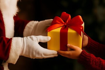 Santa Claus Giving Yellow Gift Box to Child with Joyful Holiday Spirit