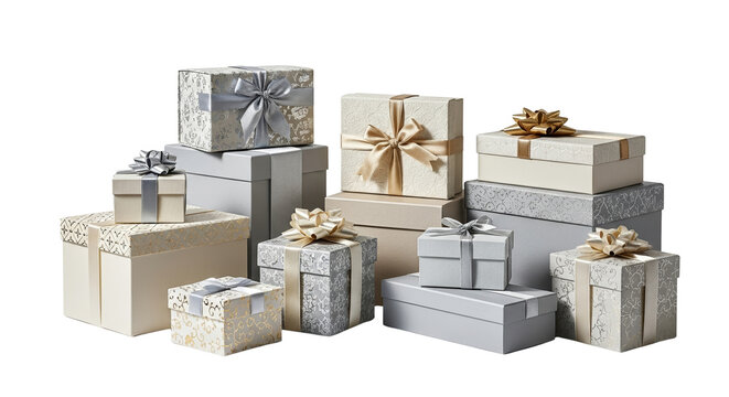 Assorted gift boxes with ribbons in neutral colors on white background  
