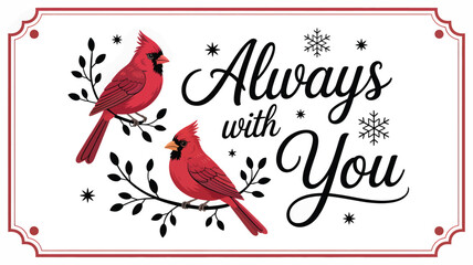 Two vibrant red cardinal birds perched on a delicate branch with snowflakes and the heartwarming phrase always with you silhouette