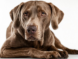Fototapeta premium A chocolate Labrador Retriever rests indoors on a white background, displaying fluffy fur and gentle eyes. Use: pet photography portfolio.