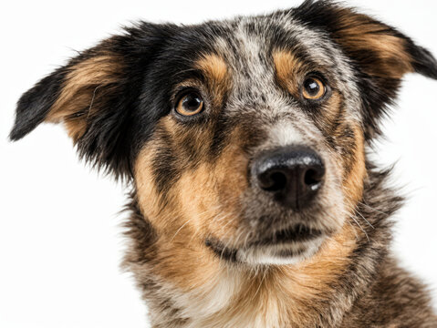 A young shepherd mix gazes upward with wide eyes against a plain white backdrop. Use: pet photography portfolio, veterinary practice website.