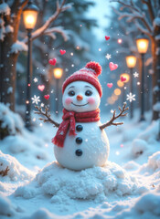 A cute snowman with big, sparkling eyes, surrounded by floating snowflakes shaped like hearts, sitting on a pile of snow in a magical snowy park, surrounded by glowing, colorful lanterns and soft gold