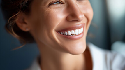 Closeup of perfect smile with white teeth defocused dental background showcasing accomplished cosmetology procedure results enhancing beauty confidence oral care success visual