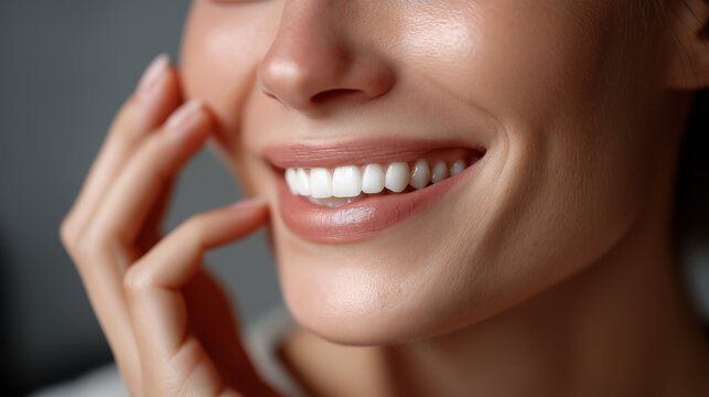 Closeup of perfect smile with white teeth defocused dental background showcasing accomplished cosmetology procedure results enhancing beauty confidence oral care success visual