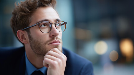 Side portrait of attractive young individual observing away faceless handsome man defocused background professional profile scene contemplative pose display executive demeanor