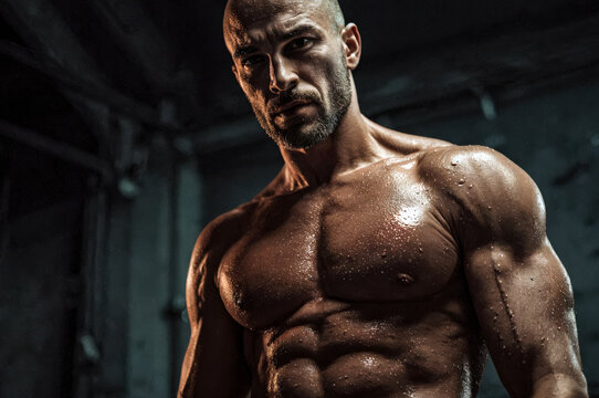 A muscular male bodybuilder stands in a dark gym, showcasing defined abs and chest muscles. Use: health & fitness campaign, strength training.