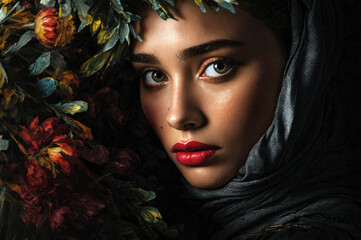 A woman is surrounded by lush red and yellow floral textures against a black background. Use: fashion editorial cover, luxury brand campaign.