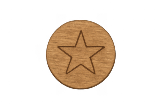 Wooden circle with star carving on transparent background