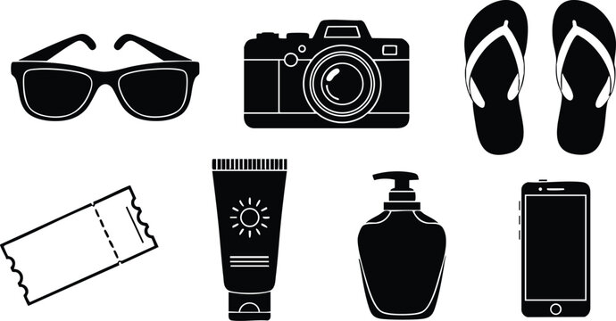 Summer vacation essentials sunglasses camera flipflops sunscreen lotion phone tickets vector illustration
