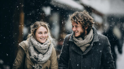 Happy couple enjoying a snowy day together, showcasing warmth and connection in a winter wonderland during the holiday season.