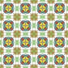 Seamless fabric pattern, Bohemian, yellow, orange, blue, green, navy, white, floral, geometric, antique, native american cloth, background
