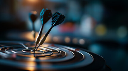 Achieving business goals with precise target hitting defocused strategic background successful task completion symbolized dart on bullseye checkmarks objective accomplishment