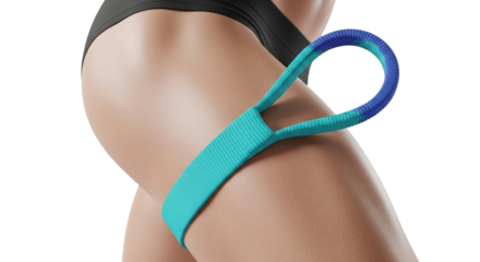 Fitness resistance band wrapped around thigh on white background  