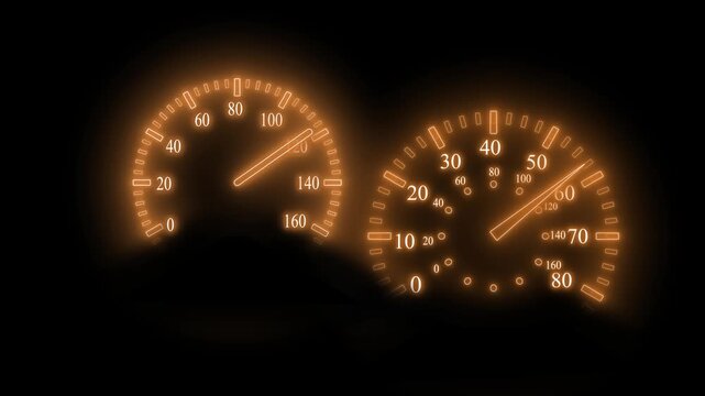 Glowing car speedometer and tachometer animation on a dark background
