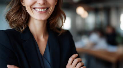 Portrait of accomplished beautiful executive professional in smart casual attire faceless businesswoman defocused modern office background happy in contemporary workplace young