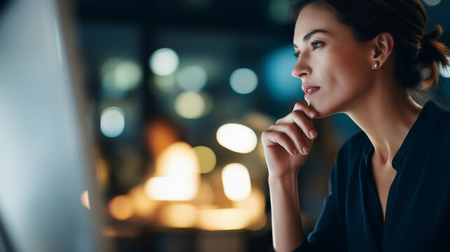 Thoughtful ambitious professional working at computer faceless Hispanic business leader woman defocused workspace background touching chin thinking on project management