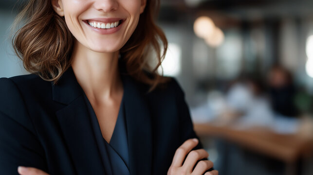 Portrait of accomplished beautiful executive professional in smart casual attire faceless businesswoman defocused modern office background happy in contemporary workplace young - Powered by Adobe