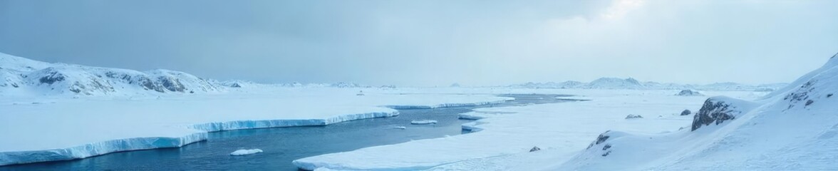 Obraz premium Frozen landscape, icy textures, stark winter scene A cold, desolate expanse of snow and ice under a bleak sky Perfect for winter, arctic, or frozen themes , icy mountains, snowflakes, ice