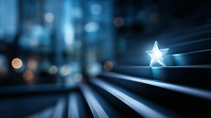 Large stellar symbol on stairway defocused business background successful concept visualization achievement progression display goal attainment symbolism with copy space
