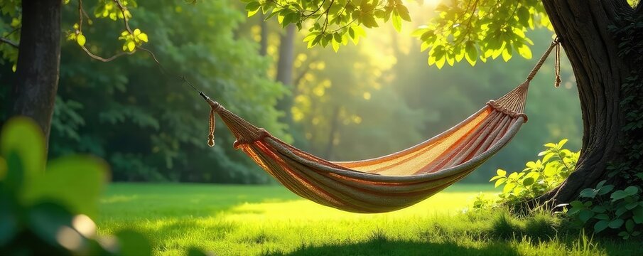 Serene hammock sways gently in a lush green garden, sunlight dappling through leaves Perfect for relaxation and escaping the everyday Enjoy the peaceful ambiance and tranquility , summer, swing