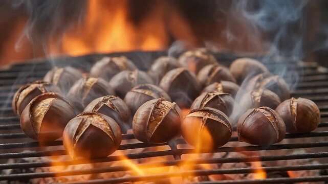 Cinematic Close-Up of Christmas Chestnuts Roasting on a Hot Grill Over an Open Fire with Rising Steam and Flames in the Background.