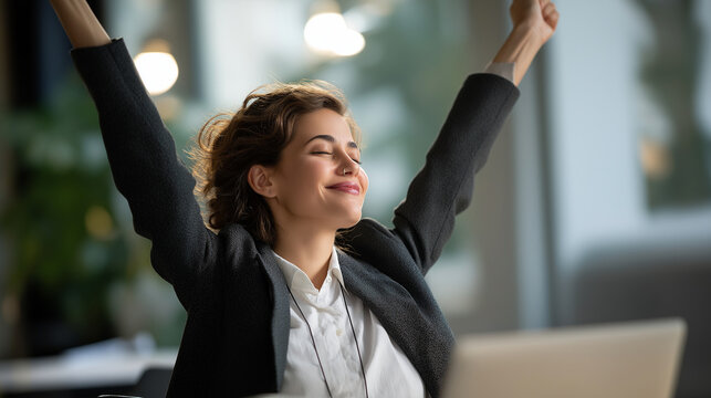 Freelance professional happiness emotion after accomplished project faceless Asian woman defocused home office background successful completion celebration remote work triumph