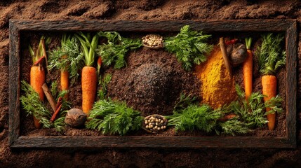 Freshly harvested root vegetables and various spices are artfully arranged in dark soil within a wooden border