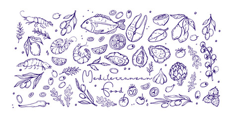 Mediterranean food. Various products for Mediterranean cuisine. Hand drawn doodle sketch. Seafood, greens, vegetables. Ingredients For advertising, packaging, menu, cafe, restaurant, poster, sticker