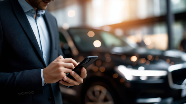 Young professional wearing formal attire using smartphone in front of premium vehicle faceless adult man in suit defocused luxury car background successful businessman wealthy