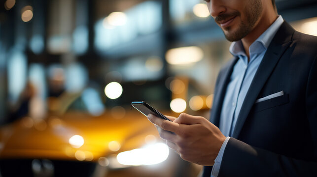 Young professional wearing formal attire using smartphone in front of premium vehicle faceless adult man in suit defocused luxury car background successful businessman wealthy