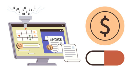 Computer screen with data filtering funnel, invoice generation, dollar sign, and medical capsule. Ideal for finance, healthcare, e-commerce, analytics, automation payment processing and digital