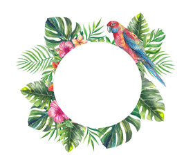Naklejka premium Watercolor tropical frame with lush monstera and palm leaves, hibiscus and plumeria flowers, butterflies, and a colorful parrot. Vibrant exotic border design with empty center for text or branding.