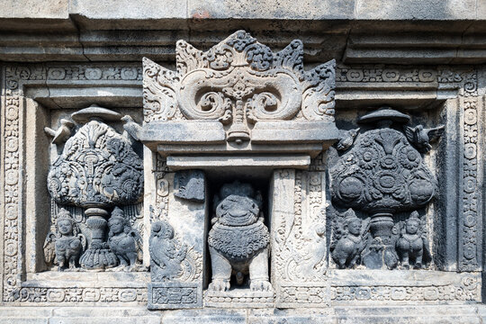 Prambanan stone relief carving detail, Prambanan temple in Indonesia