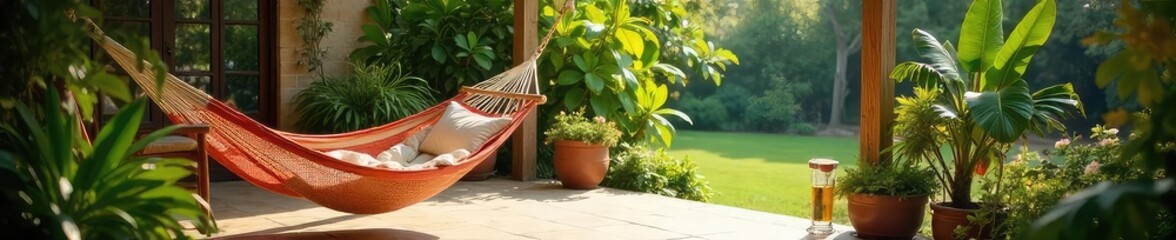 Fototapeta premium A sun-drenched patio with lush greenery, a comfortable hammock, and a refreshing drink, embodying the perfect serene escape and beautiful lifestyle , wellbeing, peace, patio