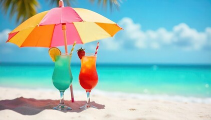 Relaxing beach scene with colorful cocktails in frosted glasses, under a vibrant umbrella, on a pristine sandy beach Perfect for summer vacation themes , paradise, coastline