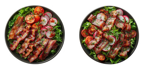 Two bowls of grilled pork belly or bacon salad with fresh lettuce, cherry tomatoes, and sliced radishes, isolated on transparent background