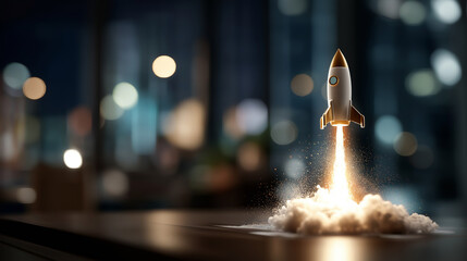 Illumination device rocket taking off defocused creative background idea development successful launch large space visualization innovation concept display entrepreneurial