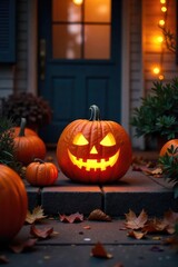 Fototapeta premium A glowing jack-o'-lantern sits on a porch, surrounded by autumn leaves and pumpkins Perfect for Halloween, fall, and harvest themes Spooky, festive, and charming , candle, harvest, autumn leaves