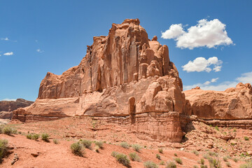 Fototapeta premium Scenic landscape view of a sandstone rock formation in the Arches National Park in Moab, Utah.