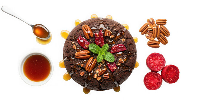 Decadent chocolate cake decorated with nuts berries and mint