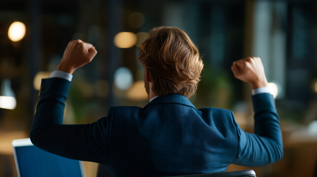 Rear view of professional in formal attire elevating fists celebrating faceless Arab businessman defocused office background good successful business deal excited entrepreneur